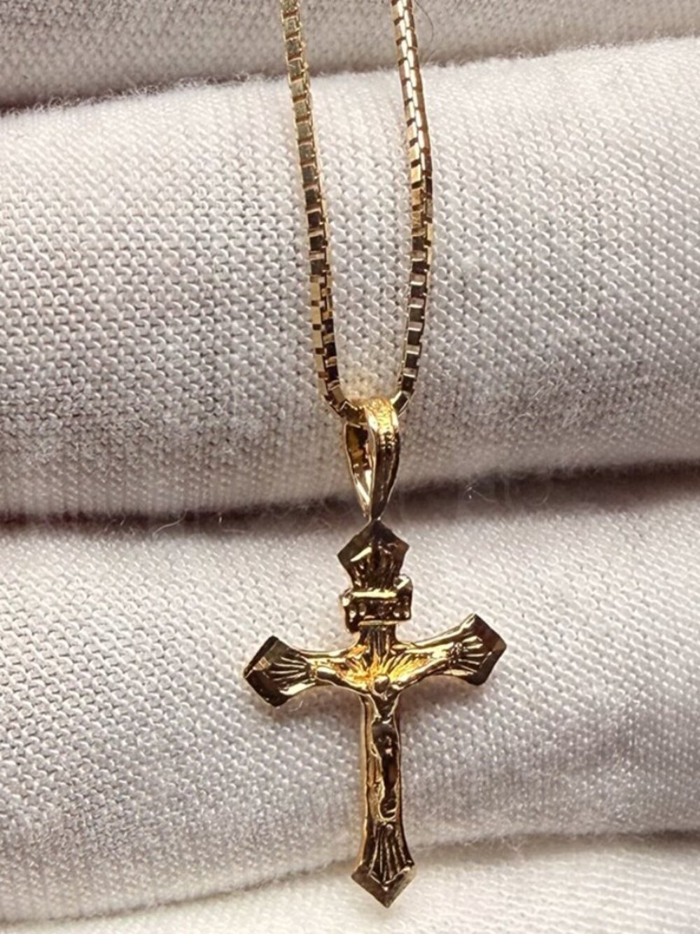 14K Yellow Gold Fancy Tiny Crucufix Pendant With 0.8mm Box Chain - 24 inch